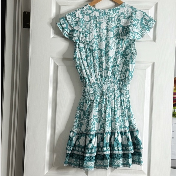 NWT Walker & Wade Zoey Dress Lagoon Print Turquoise Short Sleeve Shirred Waist - Picture 4 of 16